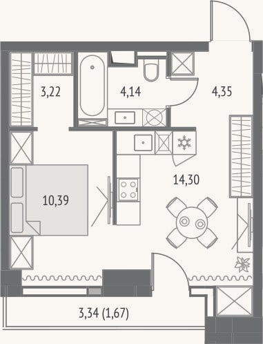 Планировка: 2-к, 34,7 м²