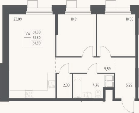 Планировка: 3-к, 61,8 м²