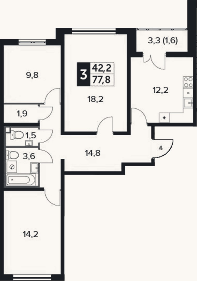 Планировка: 3-к, 76,2 м²