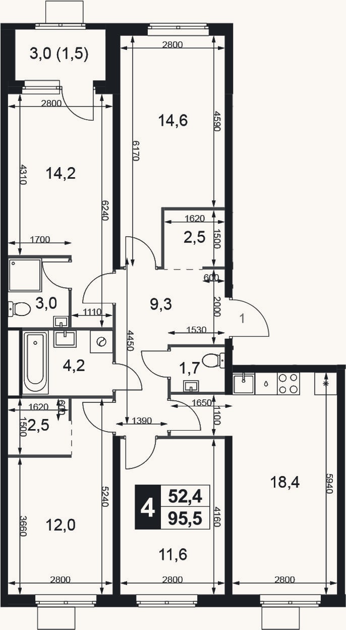 Планировка: 4+ к, 94 м²