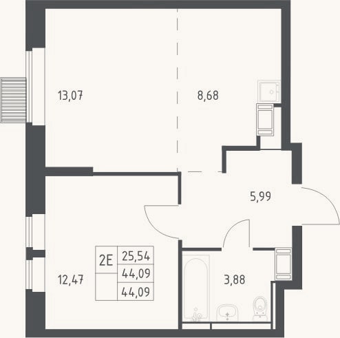 Планировка: 2-к, 44,1 м²