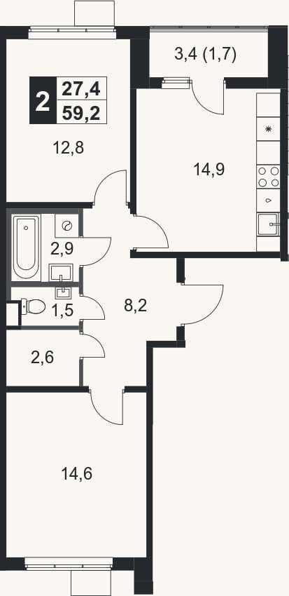 Планировка: 2-к, 57,5 м²