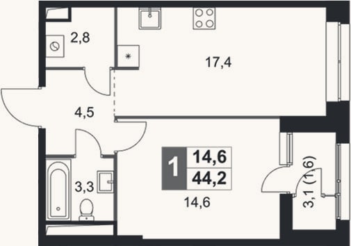 Планировка: 2-к, 42,6 м²
