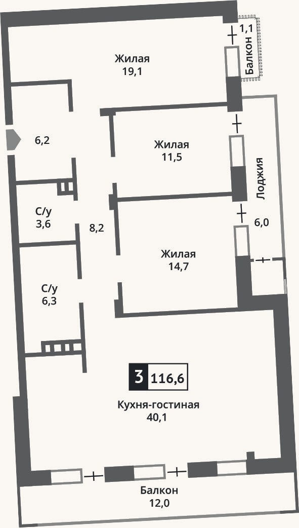 Планировка: 4+ к, 109,9 м²