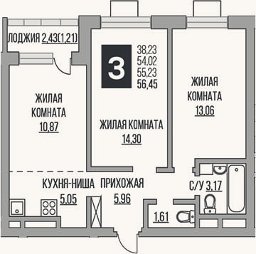 Планировка: 3-к, 54 м²