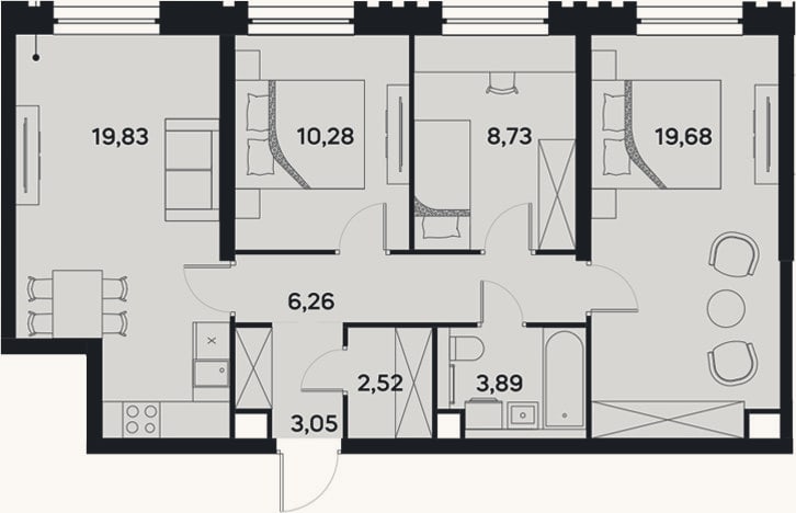 Планировка: 4+ к, 74,2 м²