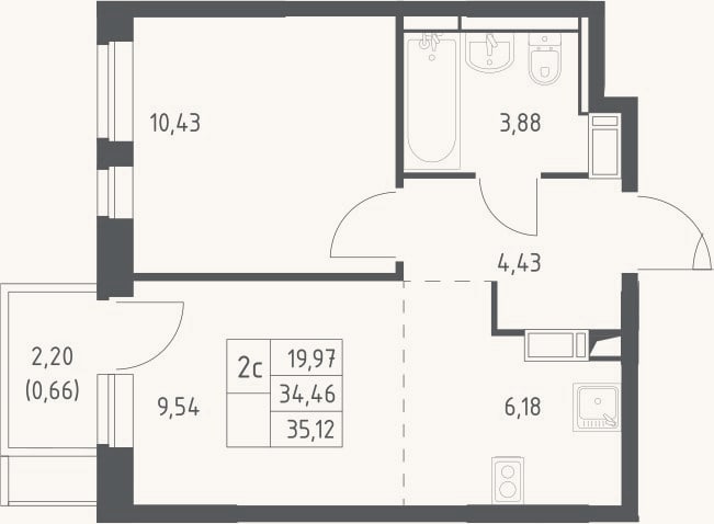 Планировка: 2-к, 34,5 м²