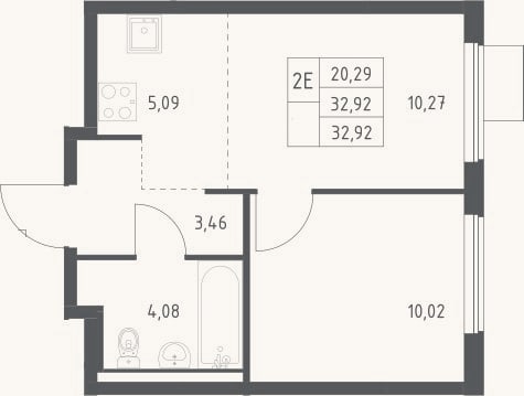 Планировка: 2-к, 32,9 м²