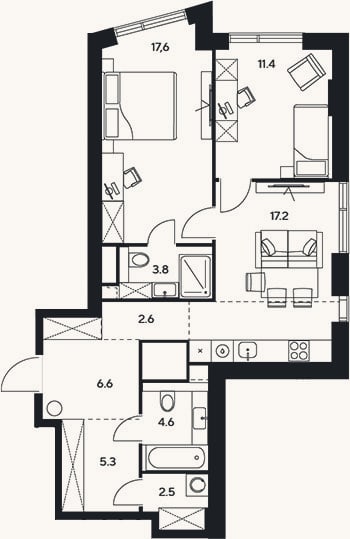 Планировка: 3-к, 71,6 м²