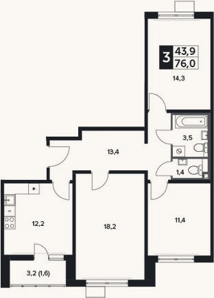 Планировка: 3-к, 75,6 м²