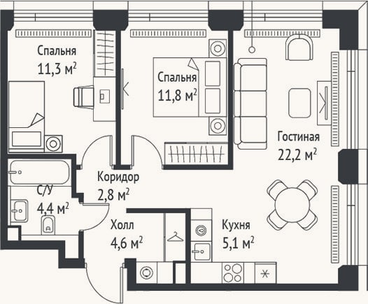Планировка: 3-к, 62,2 м²
