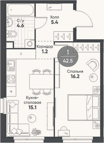 Планировка: 2-к, 42,5 м²