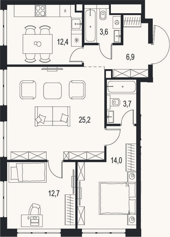 Планировка: 3-к, 78,5 м²