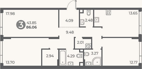 Планировка: 3-к, 86,1 м²