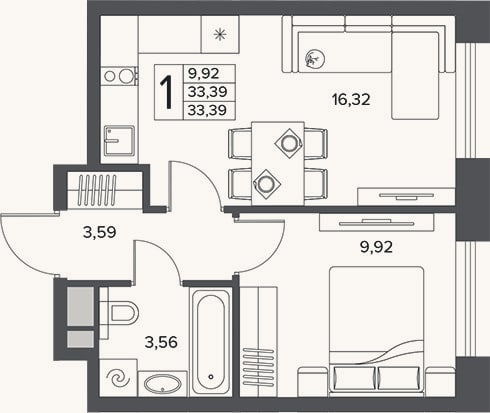 Планировка: 2-к, 33,4 м²