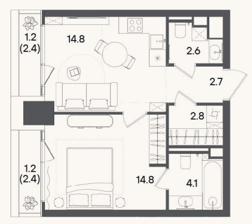 Планировка: 1-к, 40,7 м²