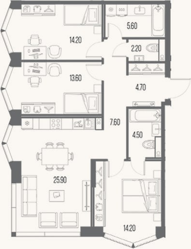 Планировка: 3-к, 92,5 м²
