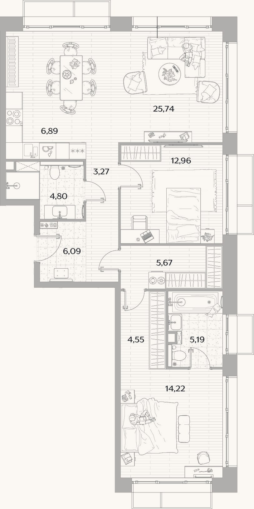 Планировка: 3-к, 89,4 м²