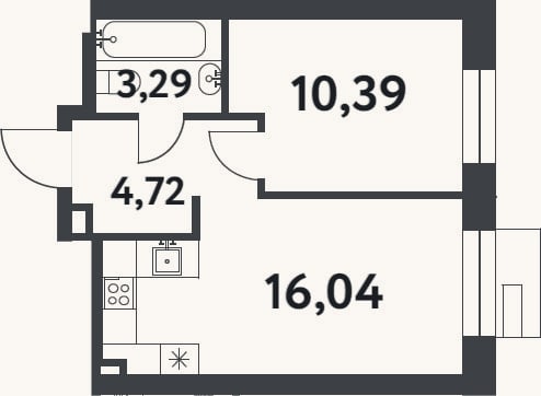 Планировка: 1-к, 34,4 м²