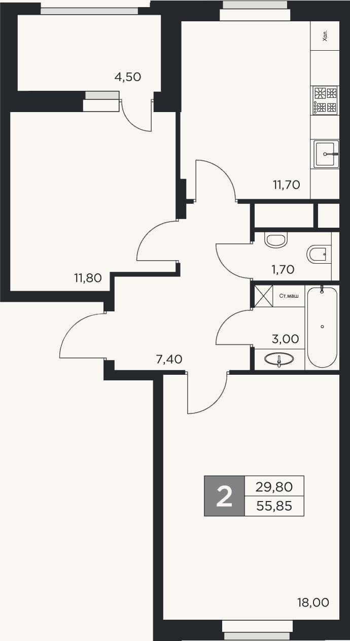 Планировка: 2-к, 53,6 м²
