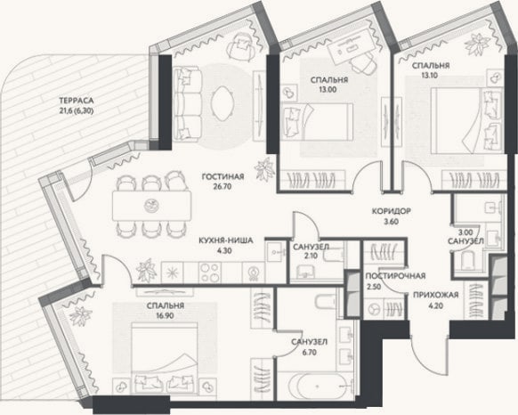 Планировка: 4+ к, 96,1 м²