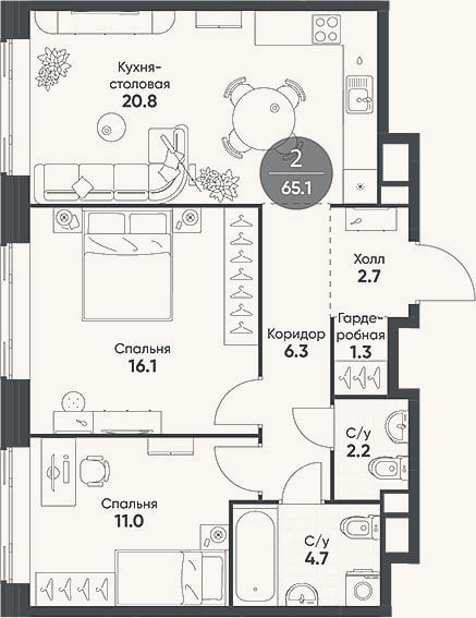 Планировка: 3-к, 65,1 м²