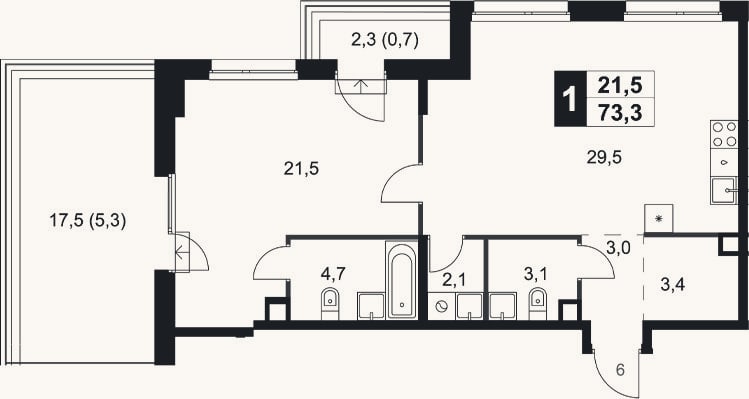 Планировка: 1-к, 67,3 м²