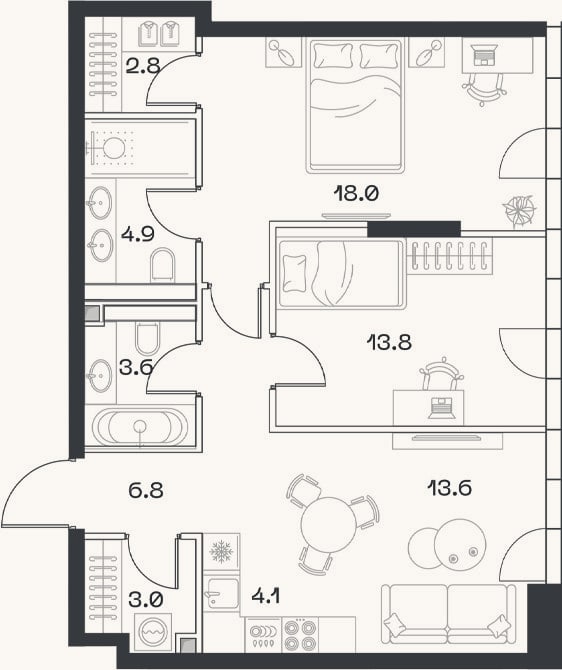 Планировка: 3-к, 70,6 м²