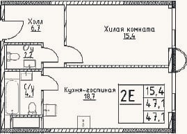 Планировка: 2-к, 47,1 м²