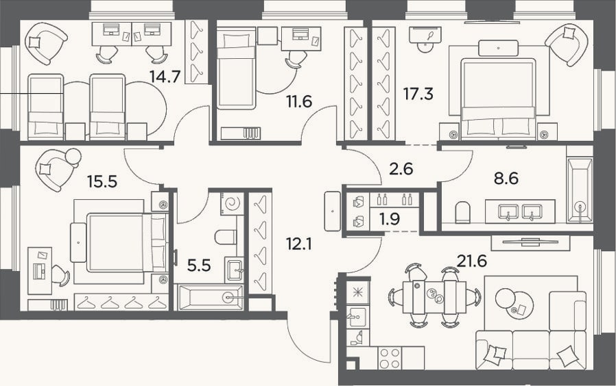 Планировка: 4+ к, 111,4 м²