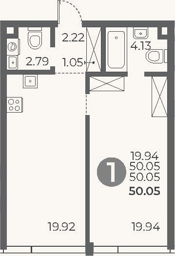 Планировка: 1-к, 50,1 м²