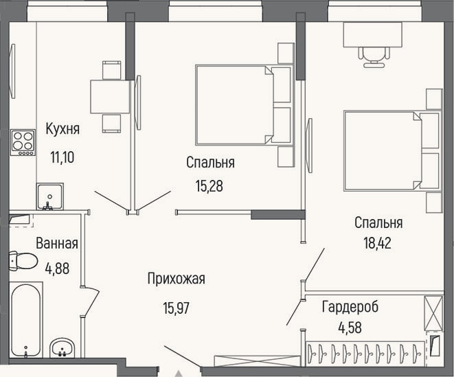 Планировка: 2-к, 70,2 м²