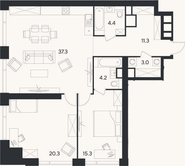Планировка: 3-к, 95,8 м²