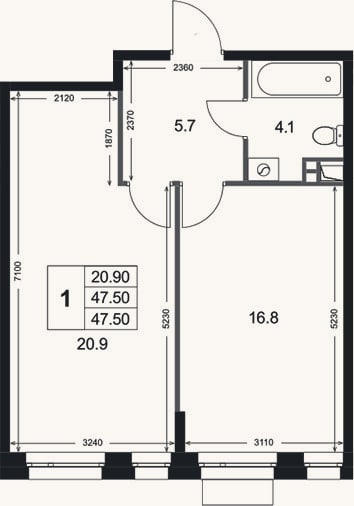 Планировка: 1-к, 47,5 м²