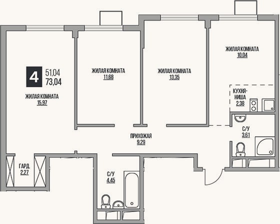Планировка: 4+ к, 73 м²
