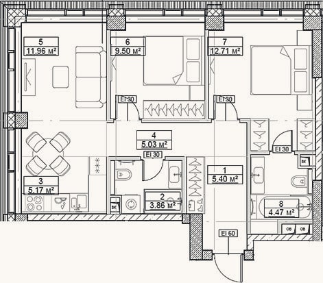Планировка: 3-к, 58,1 м²