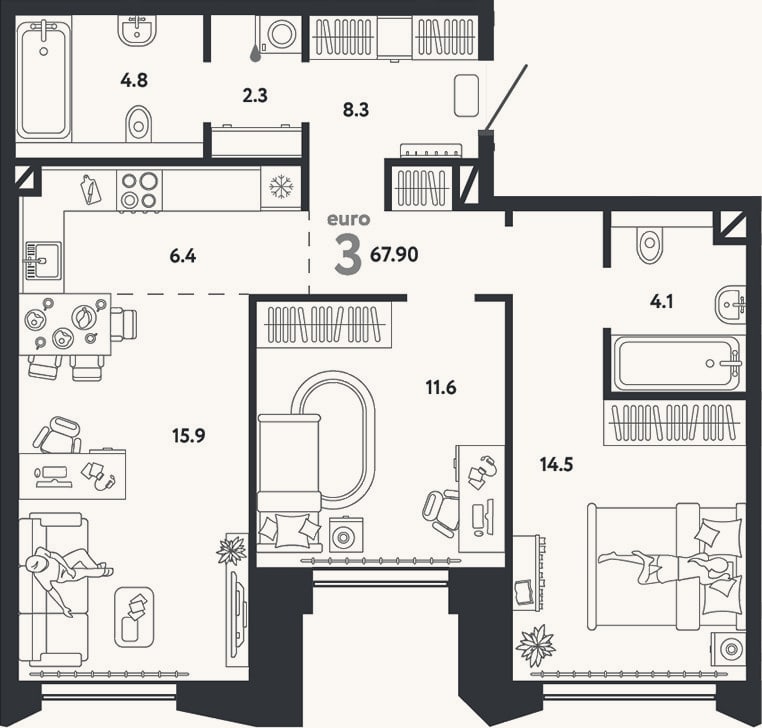 Планировка: 3-к, 67,9 м²