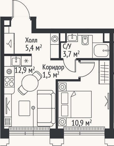Планировка: 1-к, 34,4 м²