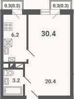 Планировка: 1-к, 29,8 м²