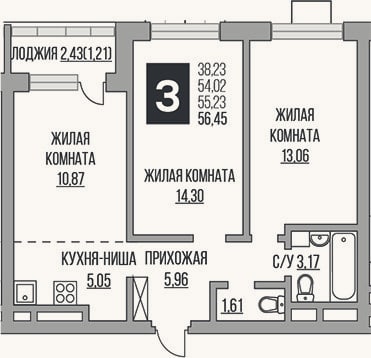 Планировка: 3-к, 54 м²