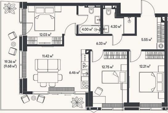Планировка: 4+ к, 75,1 м²