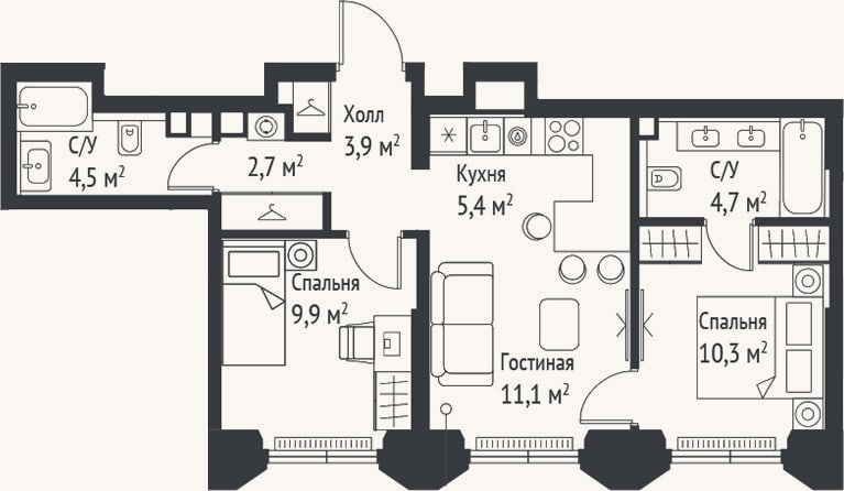 Планировка: 3-к, 52,6 м²