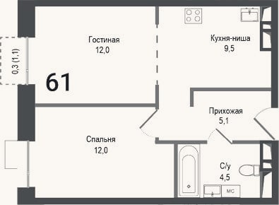 Планировка: 2-к, 43,1 м²
