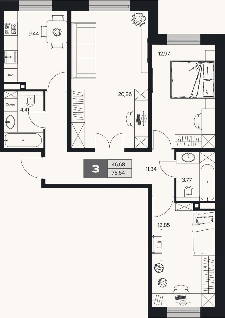 Планировка: 3-к, 75,6 м²