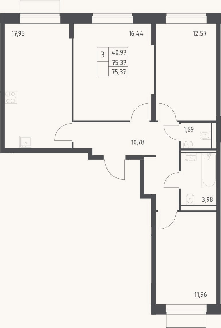 Планировка: 3-к, 75,4 м²