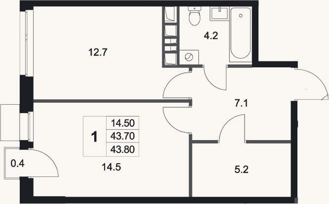 Планировка: 1-к, 43,7 м²
