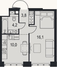 Планировка: 1-к, 34,1 м²