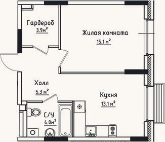 Планировка: 1-к, 41,4 м²