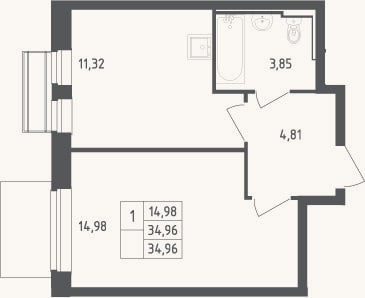 Планировка: 1-к, 35 м²