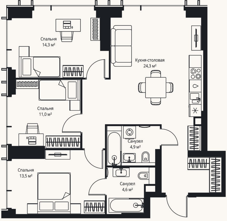 Планировка: 4+ к, 84,9 м²